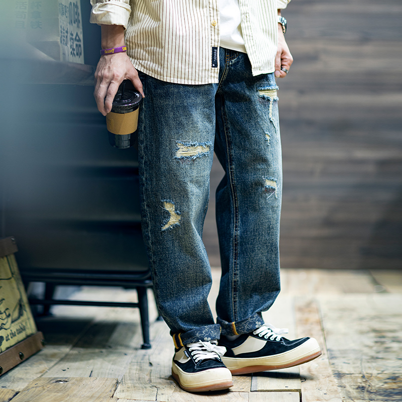 拉链长裤破洞春秋复古牛仔裤纯棉