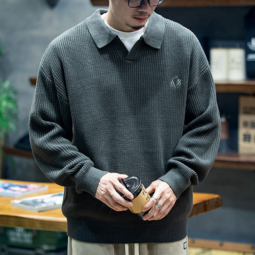 翻领慵懒风毛衣外套男冬季