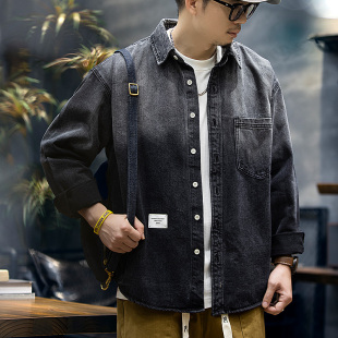 复古长袖 水洗渐变牛仔衬衫 宽松口袋上衣男士 美式 衬衣外套潮 男春季
