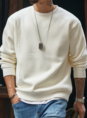 470g加绒加厚竖条肌理感卫衣男2025冬季新款宽松圆领内搭保暖上衣