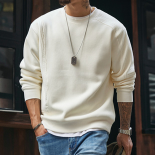 470g加绒加厚竖条肌理感卫衣男2025冬季 宽松圆领内搭保暖上衣 新款