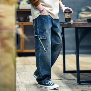 复古工装 子男生潮流多口袋直筒长裤 牛仔裤 裤 潮 男宽松潮牌大码 秋季