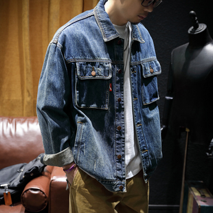 水洗上衣男士 宽松潮牌大码 翻领百搭夹克潮 牛仔外套男春季 复古工装