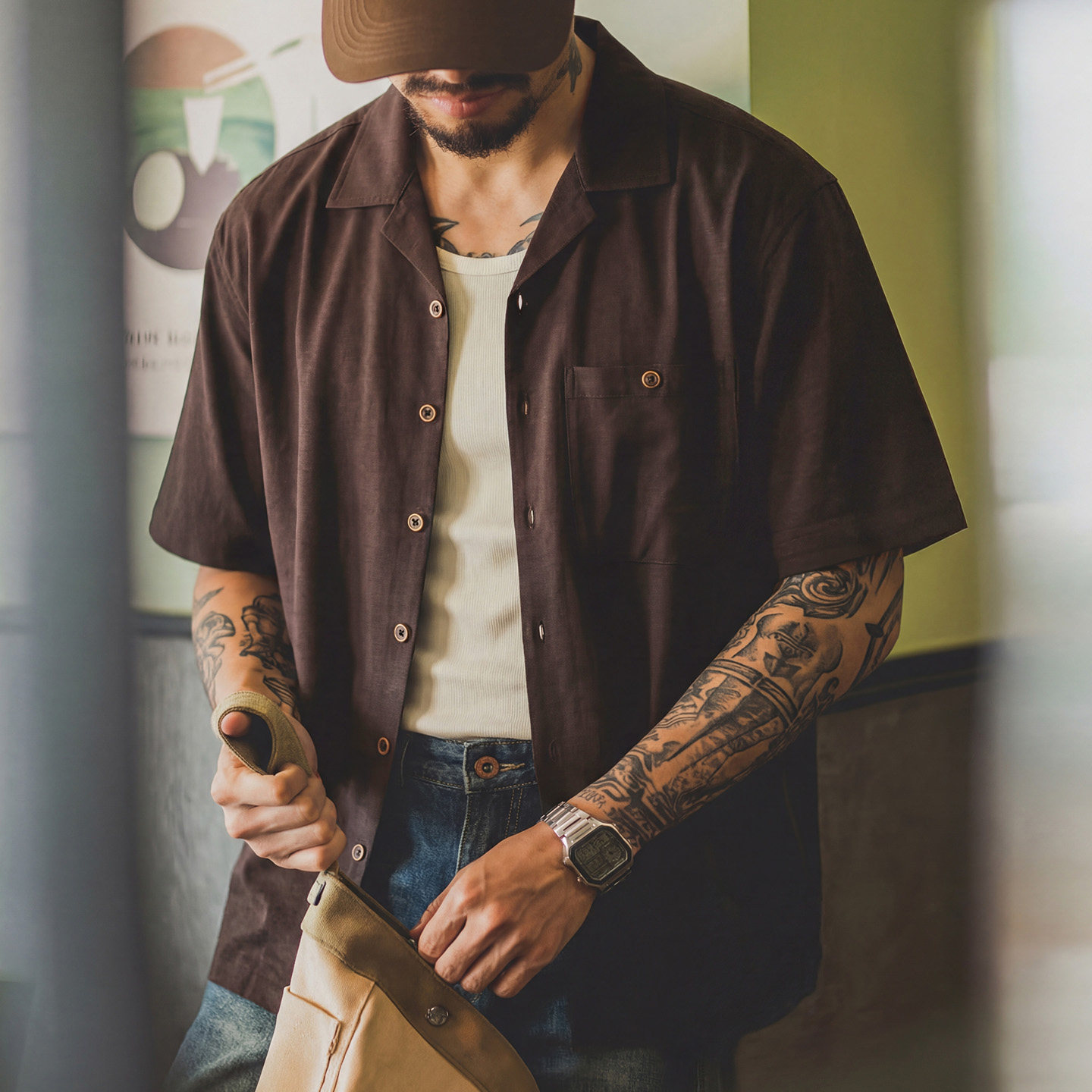 夏季天丝亚麻古巴领短袖衬衫男宽松大码透气轻盈免烫休闲衬衣外套