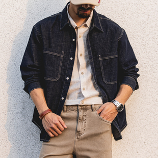新款 男2026春季 大码 工装 衬衣 美式 长袖 复古莱塞尔亚麻混纺牛仔衬衫