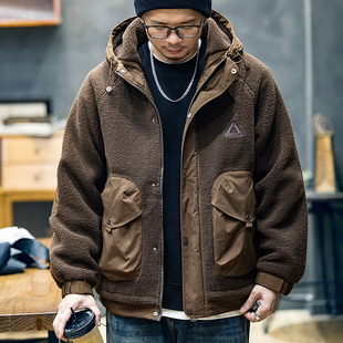 冬季颗粒绒连帽外套男宽松潮牌保暖棉衣男士潮流美式休闲棉服男款