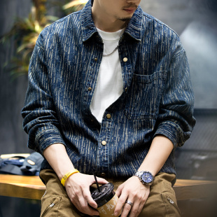 春季 男长袖 新款 潮牌宽松休闲工装 外套潮 美式 衬衣男士 复古牛仔衬衫