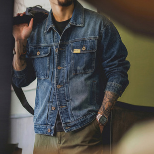 深蓝水洗做旧工装 新款 阿美咔叽外套潮 重磅牛仔夹克男2026春季 美式