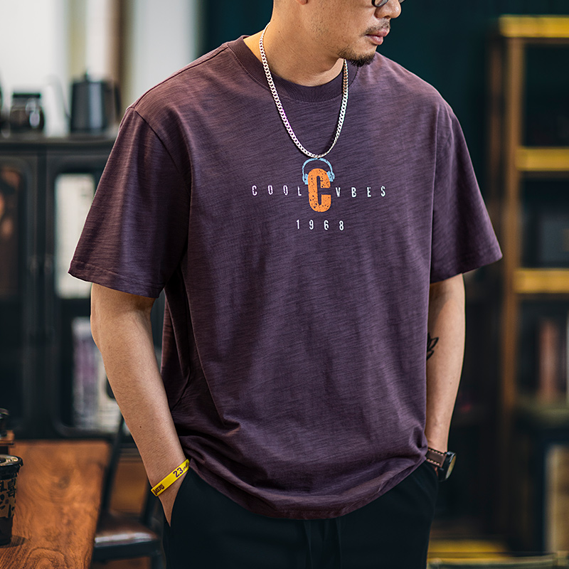 美式复古印花短袖t恤紫色上衣