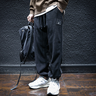 雪尼尔运动卫裤男秋冬新款宽松潮牌黑色裤子男士加绒束脚休闲裤潮