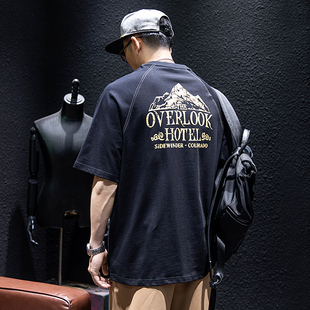 半袖 美式 宽松潮牌大码 t恤男夏季 男生缉明线潮流圆领体恤 纯棉短袖