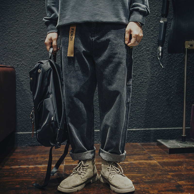 美式复古黑色直筒工装牛仔裤男宽松潮牌大码长裤男士休闲哈伦裤子