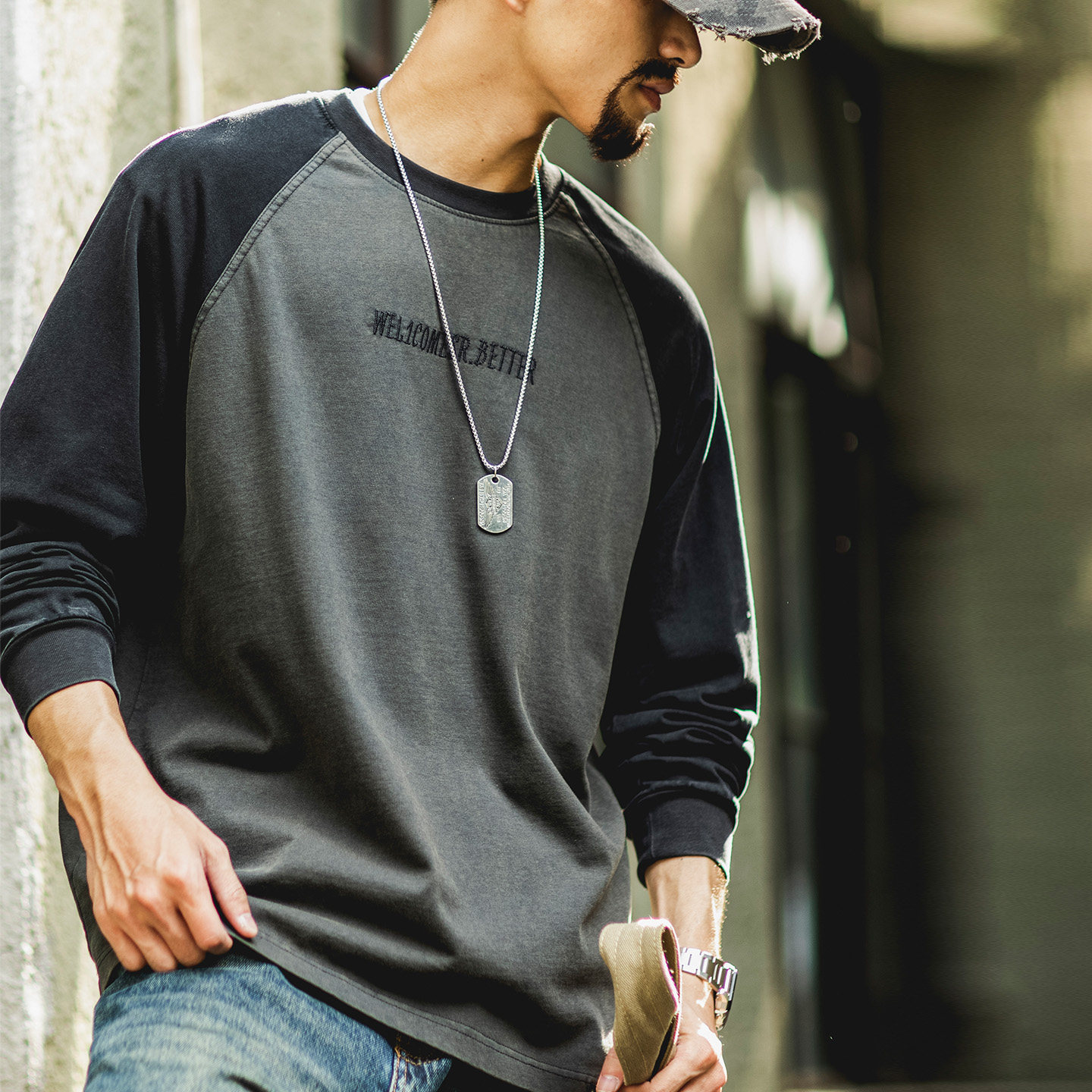 美式复古插肩袖拼色长袖t恤男2025秋季新款水洗纯棉内搭打底衫潮