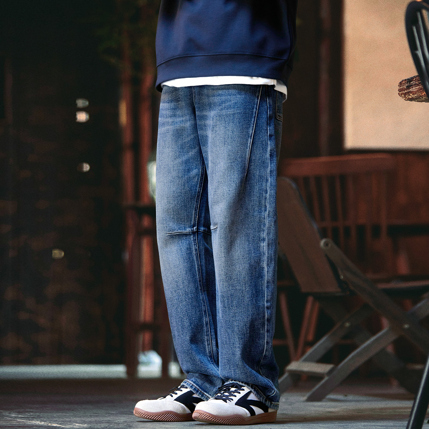 美式复古水洗猫须拼接牛仔裤