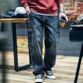 复古工装 男生直筒阔腿裤 牛仔裤 多口袋长裤 子潮 男宽松潮牌大码 春季