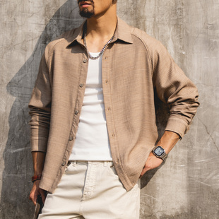 插肩袖 老钱风肌理感长袖 2026新款 男春季 拼接透气宽松休闲外套 衬衫