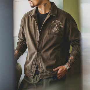 衬衫 春季 长袖 复古做旧工装 男宽松翻领印花阿美咔叽休闲外套潮 美式