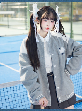 天羽川学院风刺绣棒球服毛呢外套女灰色加厚夹棉宽松休闲复古大衣