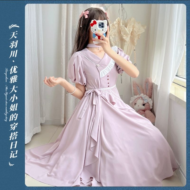 天羽川原创芋泥奶盖连衣裙女夏季短袖优雅大小姐小众设计气质裙子