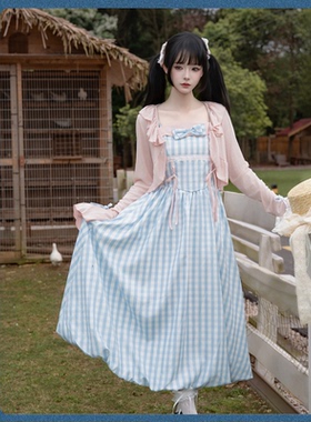 天羽川法式甜美风蓝色蝴蝶结格子吊带连衣裙短外套女夏温柔少女风