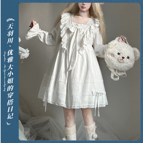 天羽川Lolita洛丽塔连衣裙女春夏公主风蕾丝花边蝴蝶结睡裙可外穿