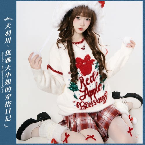 天羽川原创美式字母刺绣圆领仿水貂毛衣女冬季圣诞节穿搭慵懒风