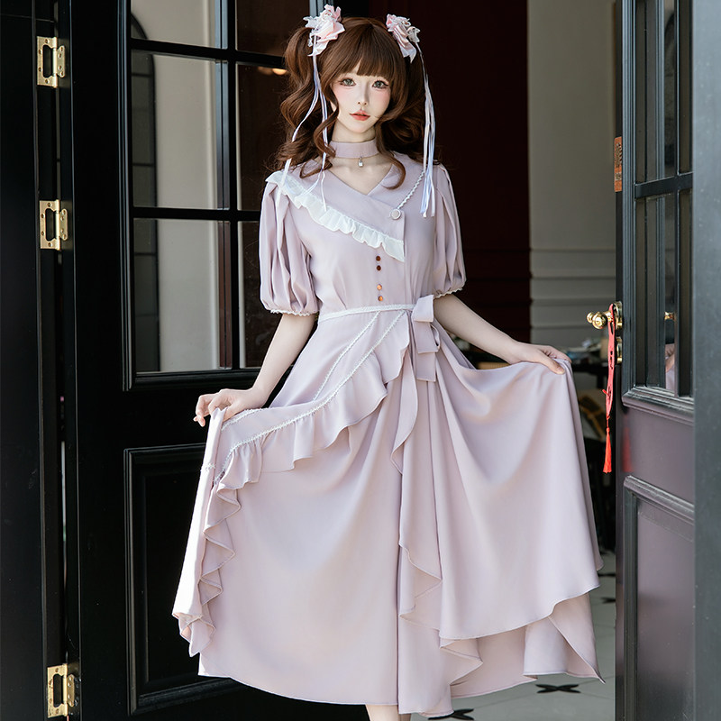 天羽川原创连衣裙女夏季短袖优雅大小姐小众设计气质轻Lolita裙子