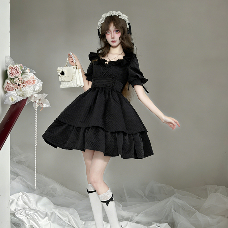 天羽川原创佩蒂小姐连衣裙女夏季短袖优雅大小姐小众设计lo感裙子