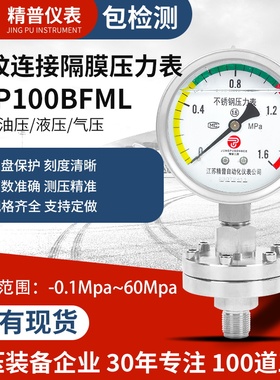 精普厂家螺纹连接不锈钢隔膜压力表YTP100BFML水压油压气压