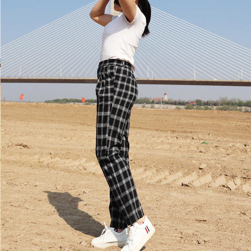格子裤女高腰九分女裤休闲萝卜裤黑白格裤舒适宽松春夏薄款小脚裤