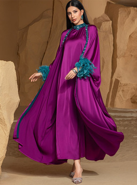 中东玫紫色轻奢半高领背心长裙羽毛袖口蝙蝠袖开衫两件套Dresses