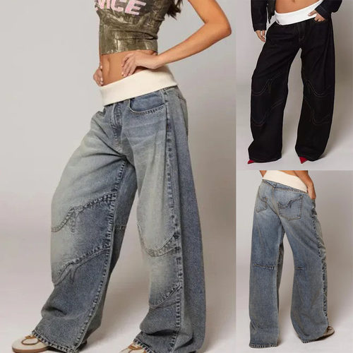 欧美风复古做旧直筒牛仔裤Jeans