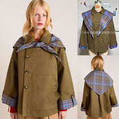 学院风格 纹拼接女卡其色双排扣蝴蝶结翻领短款 高回头率外套Coat