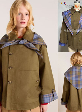 学院风格纹拼接女卡其色双排扣蝴蝶结翻领短款高回头率外套Coat