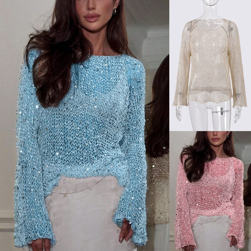 2026针织性感透视女亮片针织上衣