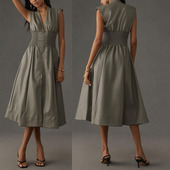 复古无袖 亚马逊欧美女夏飞袖 法式 PU皮拉链松紧腰收腰连衣裙Dress