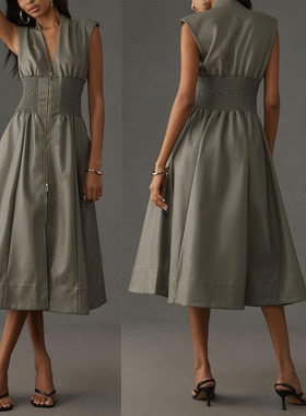 亚马逊欧美女夏飞袖法式复古无袖PU皮拉链松紧腰收腰连衣裙Dress