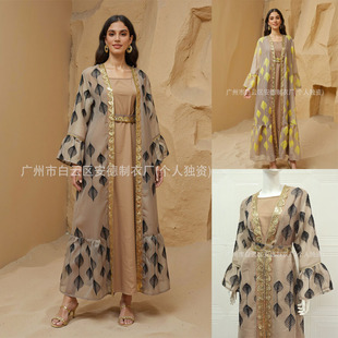跨境热卖中东女装时尚亮片金边刺绣纱长袍两件套独立站dress