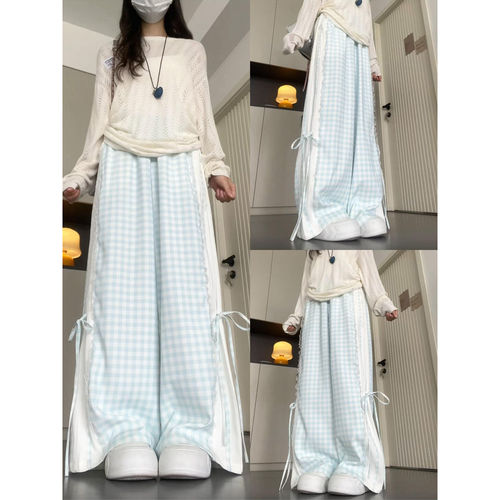 夏季薄款高腰显瘦格子阔腿裤女