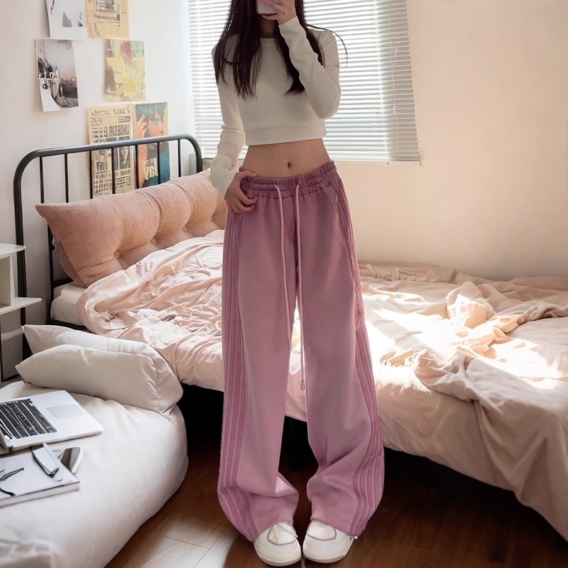 美式高街粉色条纹运动裤女秋冬宽松直筒加绒工装阔腿裤垂感休闲裤