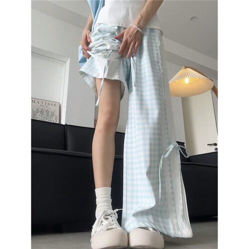 冰丝格子高腰显瘦阔腿裤夏季新款
