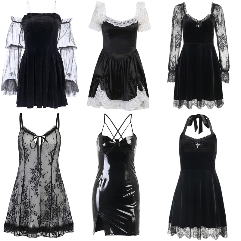 E-girl Grunge Gothic Black Mini Dress Lace Trim High Waist B 女装/女士精品 连衣裙 原图主图