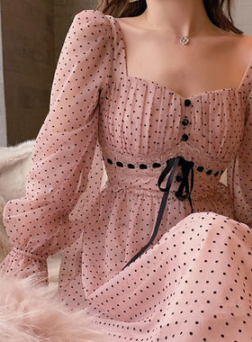 French Vintage Midi Dress Women Puffer Sleeve Square Collor