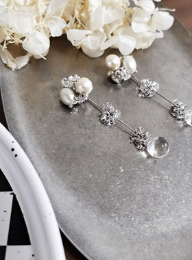 kari show日系ins风两戴款水晶流苏水滴棉花珠包钻手串耳钉耳夹