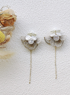 kari show日系樱花妹高级刺绣串珠樱花花瓣两戴长流苏仿珍珠耳饰