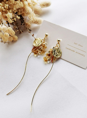 kari show原创手作一叶知秋长款捷克珠日本珠古钱币吊牌流苏耳环