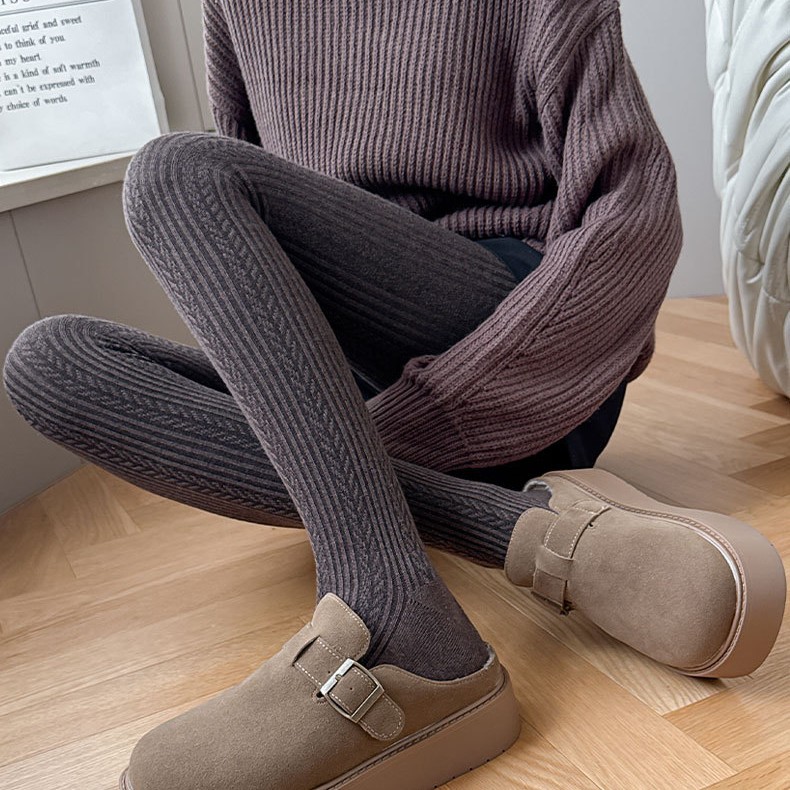 格雷系羊毛加绒加厚打底裤袜保暖美拉德裤袜子麻花纹竖条连体
