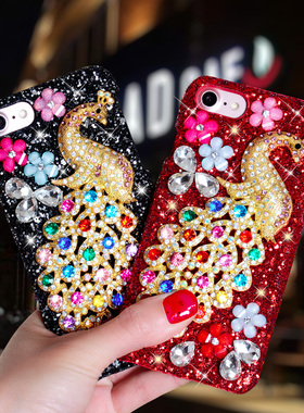 适用iphone8plus闪粉手机壳苹果XS MAX水钻6套7奢华高级感潮女新款红色亮片XR合金孔雀闪亮水晶镶钻外壳X网红