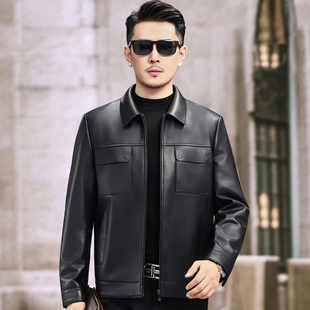 雷军同款春秋海宁头层牛皮真皮皮衣男中年爸爸短款翻领皮夹克外套