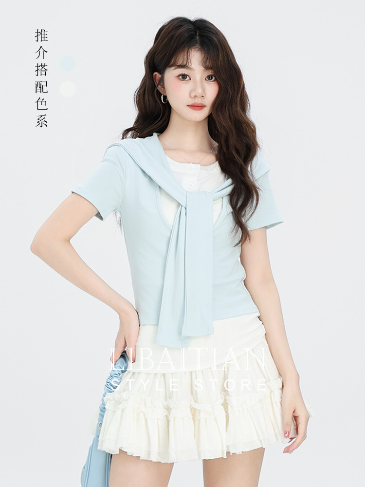 假两件披肩修身短袖T恤女2026夏季新款撞色圆领短款正肩上衣体恤